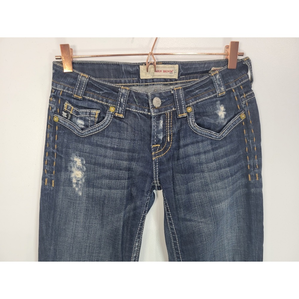 MEK‎ Denim Oaxaca Women 26/34 Dark Wash Distressed Embroidered Bootcut Jeans - Picture 2 of 8